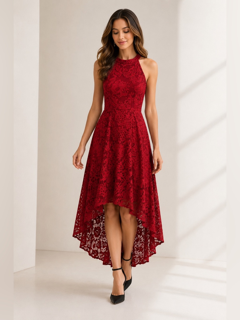 Red Lace Midi Dress Small High Low Hem Romantic Cocktail Wedding Guest